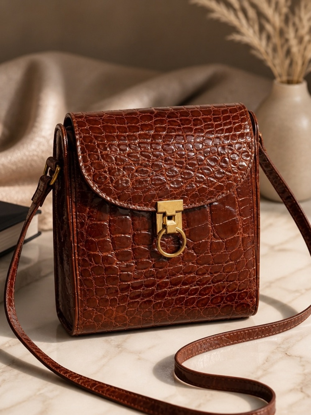 Genuine Crocodile Crossbody with Gold Ring Lock